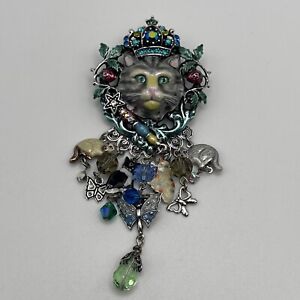 Signed Kirks Folly Cat Crystal Charm Brooch Pin Enamel Painted