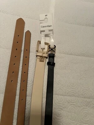 CALVIN KLEIN Womens 2-piece belt set CK Logo Black Beige Faux Leather Size Small - Image 1 of 4