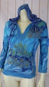 Forbidden Top S blau Batik Baumwolle Strick Pullover Perlen Pailletten Spitze Hoodie - Bild 1 von 12
