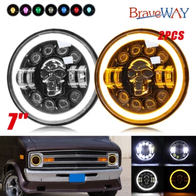 Pair 7inch LED Headlights Skull Halo DRL For Dodge B100 B150 B200 B300 Pickup - Image 1 of 4