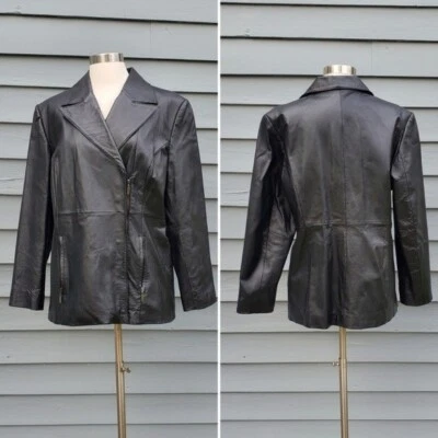 Vintage 90s y2k Black Leather Moto Motorcycle Zip Biker Car Coat Jacket Md - Image 1 of 4