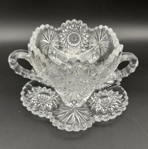 Antique American brilliant Period Cut Glass Mayonnaise Bowl w/ Under Plate - Picture 1 of 24