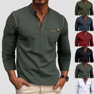 Mens Henley Button V Neck T Shirt Solid Casual Long Sleeve Grandad Shirts Tops - Picture 1 of 20
