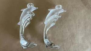 Set/2 Lenox Crystal Taper Candle Holder Frosted Dolphin on Clear Glass Wave - Picture 1 of 2