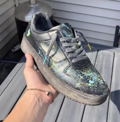 Zapatos de lona pintados a mano personalizados, pintura salpicada verde, azul, rayo, 9,5 Foto 1 de 2