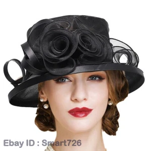 Black Tea Party Derby Hats for Women Elegant Church Hat Flower Fascinators Cap - Picture 1 of 9