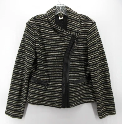 Alberto Makali Jacket Women XL Black Moto Tweed Coat Striped Faux Leather Trim - Image 1 of 4