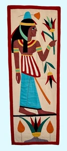Vtg 48” Egyptian Revival Appliqué Wall Panel Cleopatra on Linen H Sewn Pre Owned - Picture 1 of 7