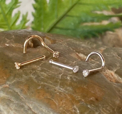 14kt Solid Gold 1.5mm Real SI Clarity Diamond Nose Ring 20g stud or screw white - Image 1 of 4