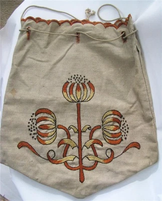 Antique Arts & Crafts Embroidered Linen Drawstring Reticule Bag Purse Flowers - Image 1 of 4