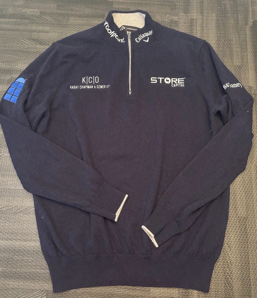 Callaway Max Greyserman PGA Tour Issued 1/4 Zip 100% Cashmere Sweater Men M Navy - Image 1 of 4