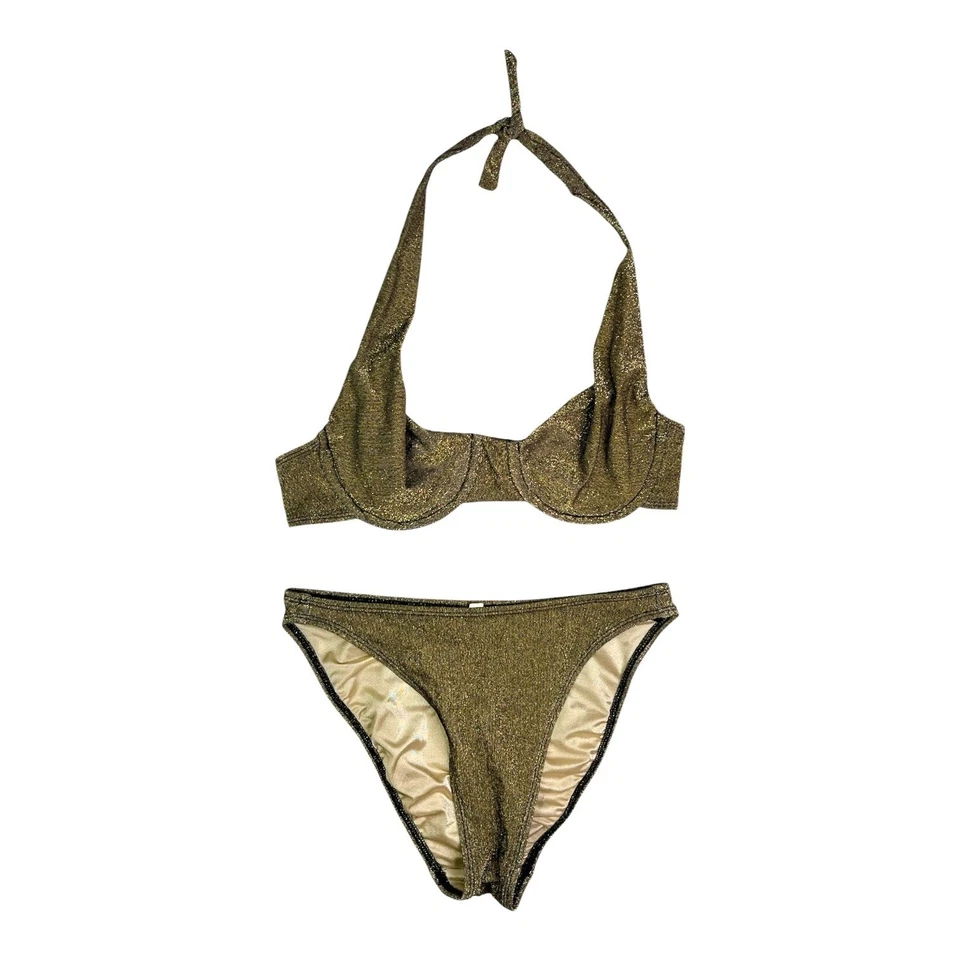复古蔚蓝海岸 10 码比基尼套装钢圈上衣内裤金属金色 — 第 1/4 张图片