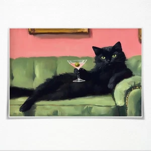 Retro Black Cat Poster – Martini Cocktail Wall Art, Vintage Funky Bar Decor - Picture 1 of 5