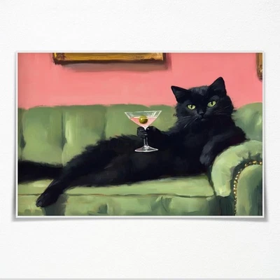 Retro Black Cat Poster – Martini Cocktail Wall Art, Vintage Funky Bar Decor - Image 1 of 4