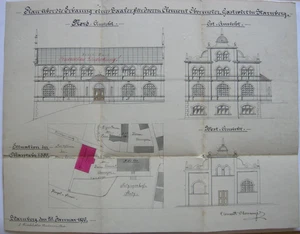 Dibujos arquitectónicos sala anfitrión Obermaier Starnberg 1889 acuarela tinta - Imagen 1 de 14