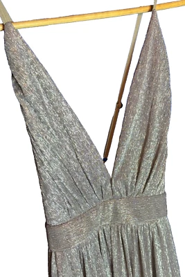 Strappy Halter Shimmery Taupe Silver Long Maxi Dress Prom Formal Empire Waist L - Image 1 of 4