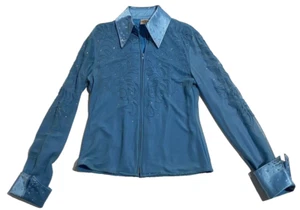 ROD’S Western Womens XL Show Top Shimmery Diamanté Turquoise Zip Front Rodeo - Picture 1 of 16