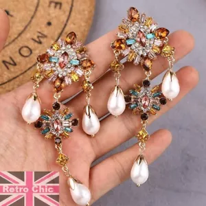 10cm long MULTI COLOURED CRYSTAL large EARRINGS pearl drops BIG CHANDELIER retro - Picture 1 of 6