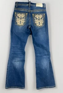 Pantalones de mezclilla para mujer Y2K Angel talla 7 elásticos corte bota brillantes pedrería acampanados - Imagen 1 de 12