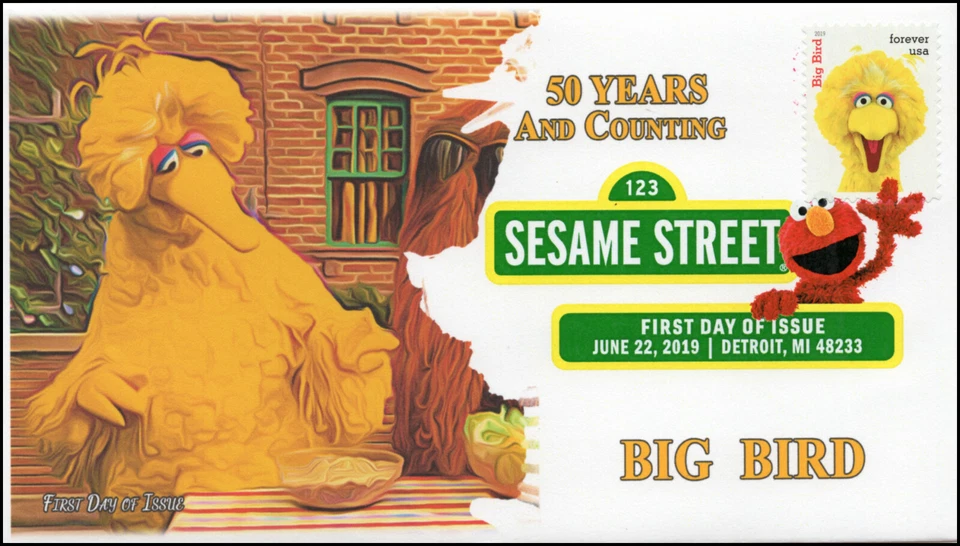 19-158, 2019, Sesame Street, Digital Color Postmark, FDC, Big Bird, 50 Years - Image 1 of 1