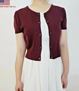 Cropped Short Fitted Soft Knit Sleeve Button Crew Neck Vintage Cardigan Sweater - Picture 1 of 35