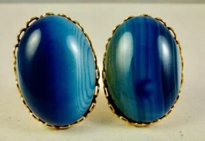 Blue Striped Agates Cufflinks with Scalloped Gold Plated Findings - Picture 1 of 3