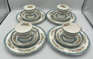 Set Of 4 Crown Staffordshire China Lyric Tunis Blue Tea Cup Saucer Salad Plate - Picture 1 of 8