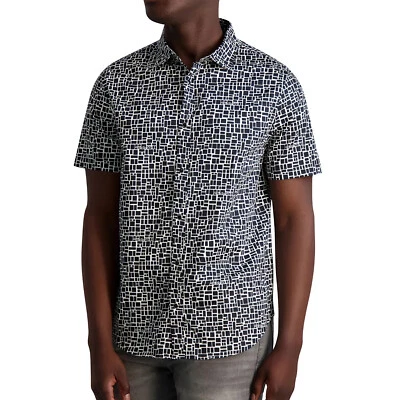 Karl Lagerfeld Paris Men's Geometric Box Pattern Snap Front SS Shirt Black/White - Image 1 of 4
