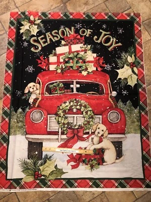 Navidad Temporada de Alegría Camión Rojo Perros 100% Tejido Algodón Ligero 36 x 44 Foto 1 de 4