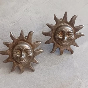 Midcentury Artisan Mexico Silver Modernist Smiling Sun Face Pierced Earrings - Picture 1 of 4