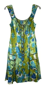 Free People Silk Retro Printapron Floral Green Dress Womens Sz 2 Button Pockets - Picture 1 of 10