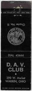 Vintage Matchbook Cover DAV Club Warren Ohio FS Unstruck Empty Matchbook Cover - Picture 1 of 3