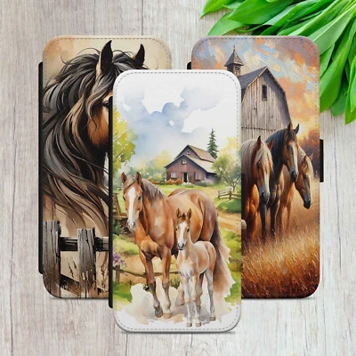 HORSE CASE FOR IPHONE SAMSUNG GOOGLE FARM SKETCH FLIP WALLET PHONE COVER GIFT - Image 1 of 4