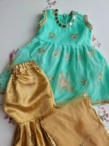 Mother & Daughter Matching Sea Green Sharara - 3Piece Eid Traditional Dress Set - Picture 1 of 4