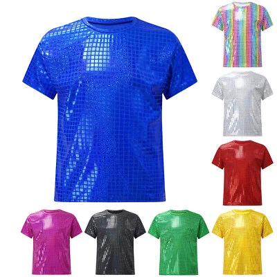 Kids Boys Girls Tops Sequins Jazz Sparkly T-shirt Modern Hip Hop Unisex Blouses - Image 1 of 3
