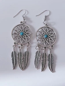 AU Women Feather Turquoise Leaf Dream Catcher Bohemian Boho Earrings Hook Drop - Picture 1 of 12