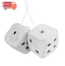 Pair of Premium Retro Square Mirror Hanging Dice White 3in Fuzzy Plush Vintage