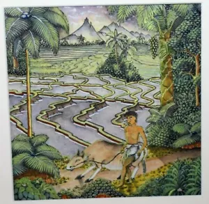 Indonesisch Balinesisch Ubud Landwirtschaft Volkskunst Aquarelldruck Vintage Original - Bild 1 von 11