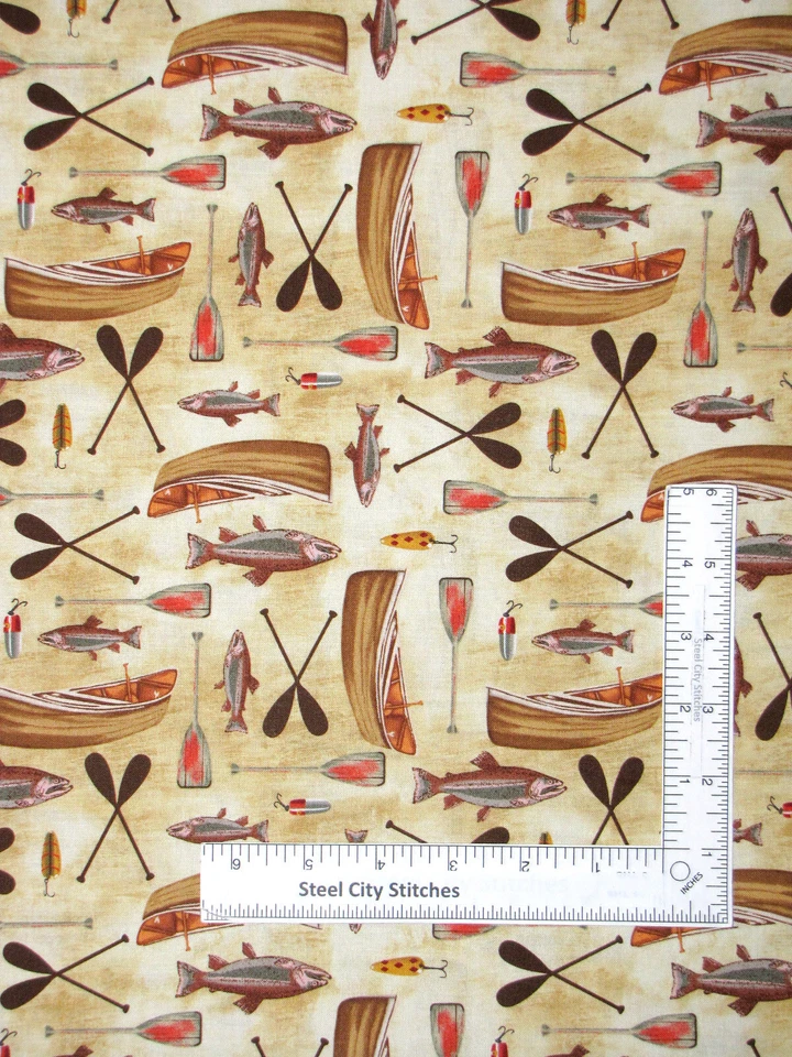 Señuelos para peces remos para fila de barco tela Wilderness Trail algodón por patio textiles en blanco Foto 1 de 1