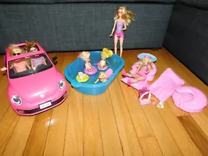 Barbie Mixed Lot Volkswagen Car 6 Dolls Swimming Dog Beach Inflatables Extras - Picture 1 of 12