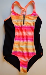 Girls Swimsuit Size 16 Zero Xposur One Piece Orange Pink Striped Black - Picture 1 of 14