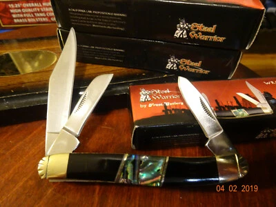 4." CLOSED STEEL WARRIOR POCKET KNIFE CAPE BUFFALO HORN & ABALONE HANDLES 440  - Image 1 of 4