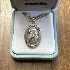 Sterling Silver Saint Joseph Medal Necklace New Pray for Us - Picture 1 of 4