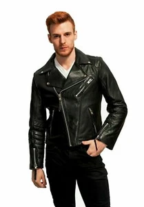 Leather Jacket Men's Genuine Lambskin Black Slim fit Motorcycle Biker Jacket - Picture 1 of 5