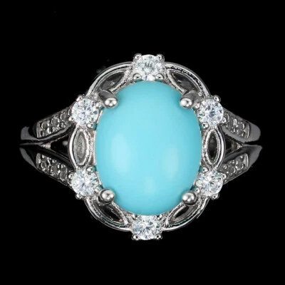 925 Sterling Silver Oval Blue Turquoise 10x8mm Simulated Cz  Ring Size 7 - Image 1 of 4