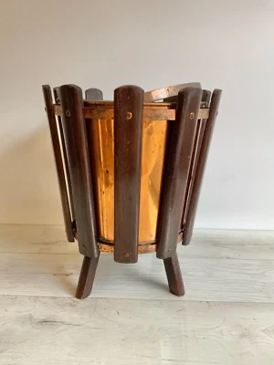 Vintage Antique Copper Coal Bucket & Wooden Stand 19th Century? Scuttle Old VTG - Image 1 of 4