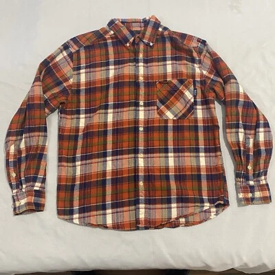 Шерстяная фланелевая рубашка мужская средний размер оранжевая клетчатая с длинным рукавом хлопок на пуговицах - Изображение 1 из 4
