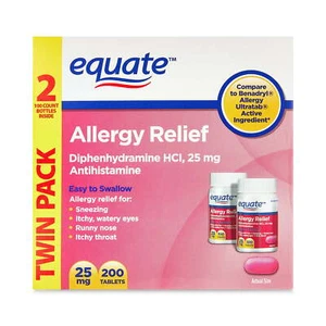 Equate Allergy Relief Diphenhydramine Tablets 25mg, 2x100 Count - Picture 1 of 3