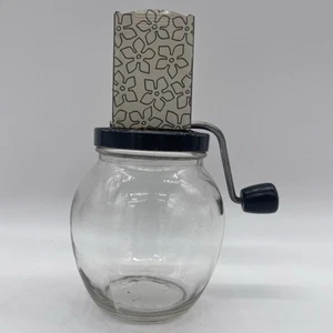 Vintage Nut Chopper Mid Century Glass Jar Wood Handle White & Black Floral AOP - Picture 1 of 12