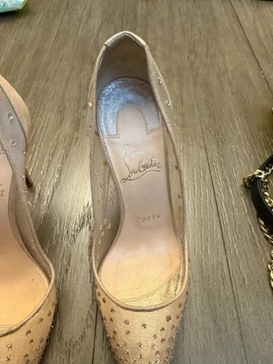 CHRISTIAN LOUBOUTIN $1295 FOLLIES STRASS 100MM PUMP - Beige Suede Silk 35 1/2 - Image 1 of 4